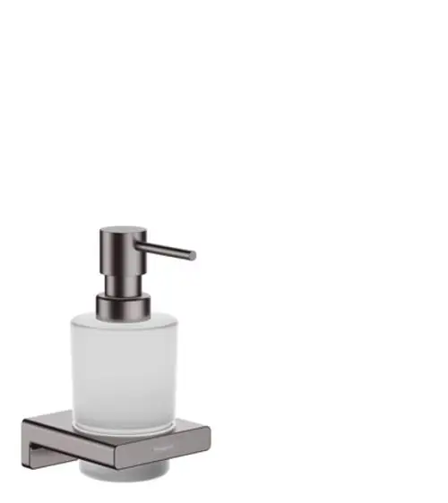 Lotionspender aus Glas, montiert auf einer quadratischen Halterung in gebürstetem Schwarzchrom. Marke Hansgrohe.